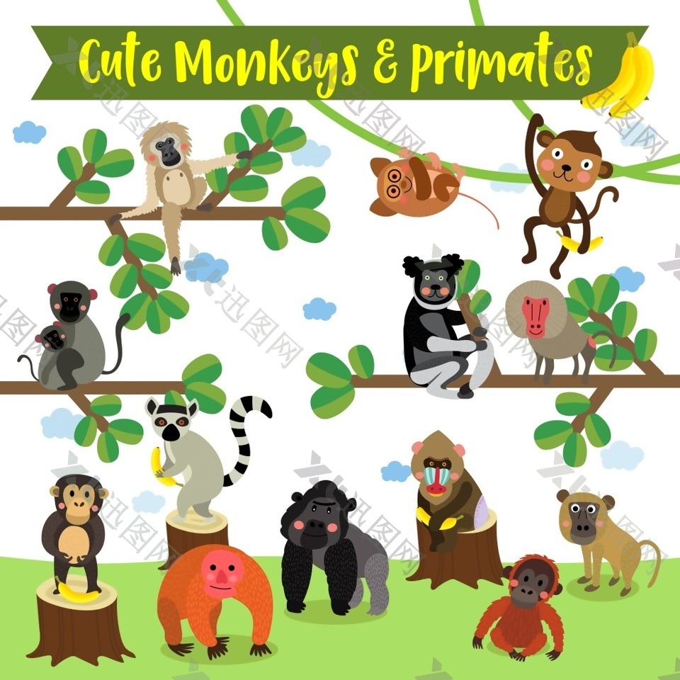 可爱的猴子的动物卡通卡通形象矢量素材