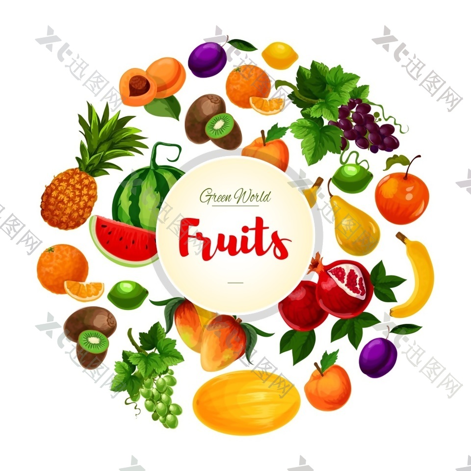 圆形水果插画健康蔬菜水果海报卡片背景