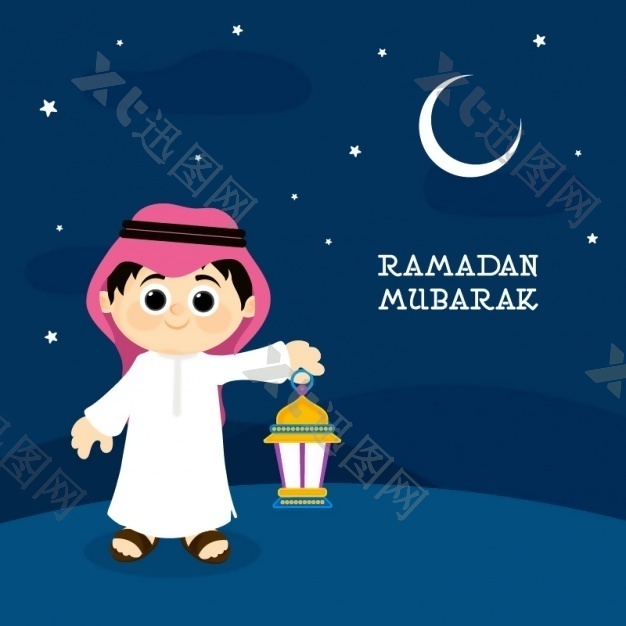 Ramadan mubarak背景与男孩拿着灯笼