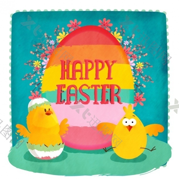 复活节背景与两个小鸡和彩色蛋