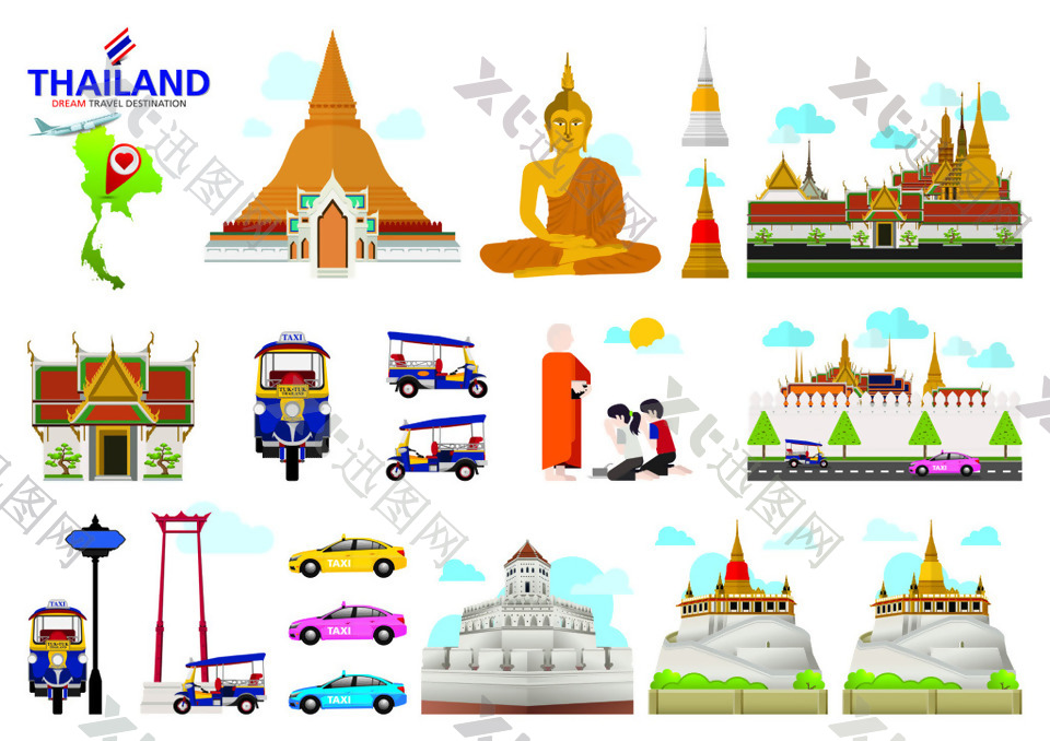 泰国建筑旅游场景海报元素矢量素材
