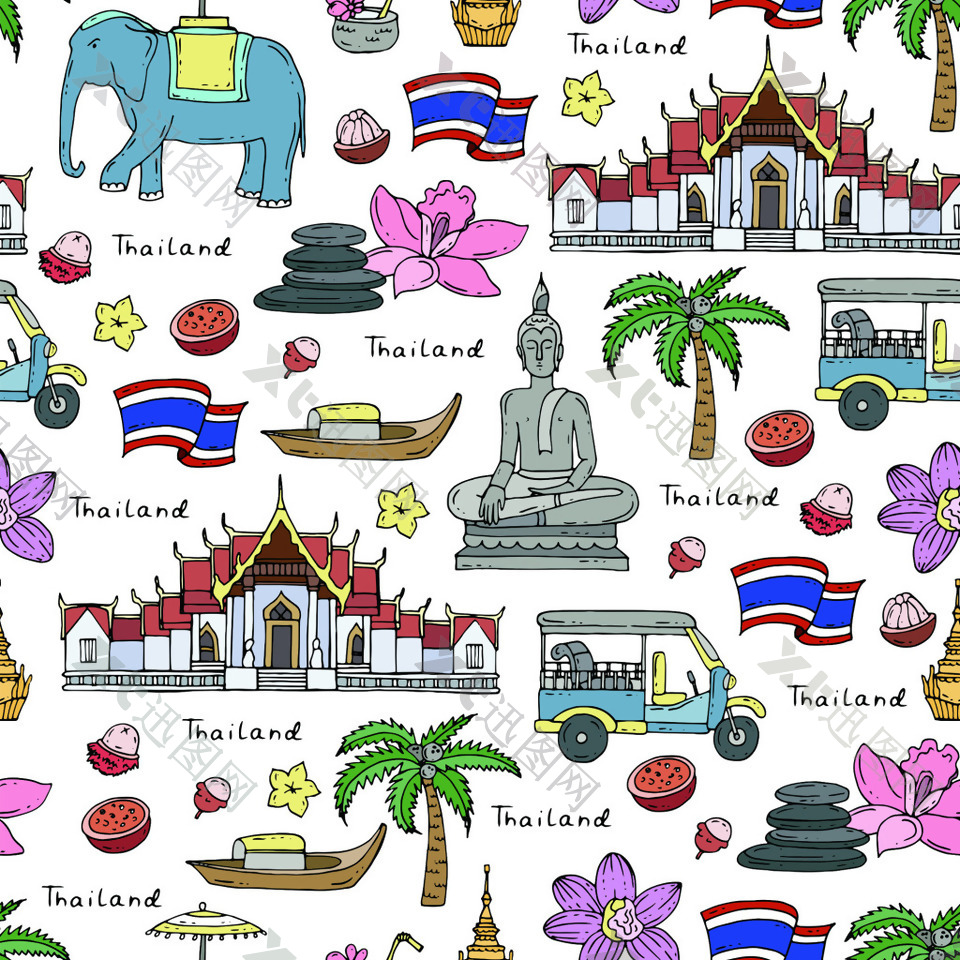 手绘大象泰国旅游场景海报元素矢量素材