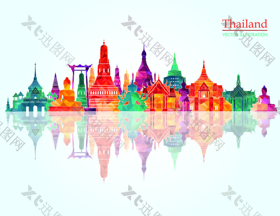 水彩倒影泰国旅游景点元素矢量素材