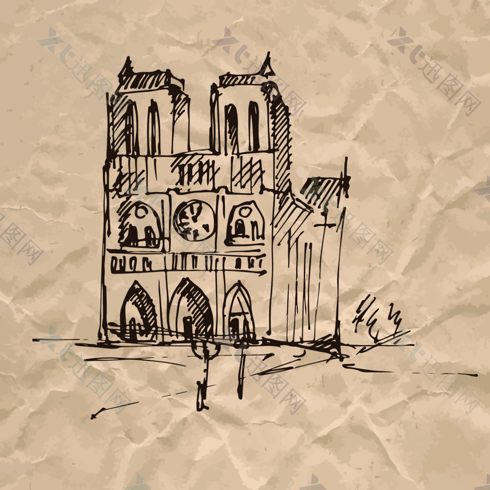 著名建筑褶皱纸张手绘速写欧洲建筑矢量