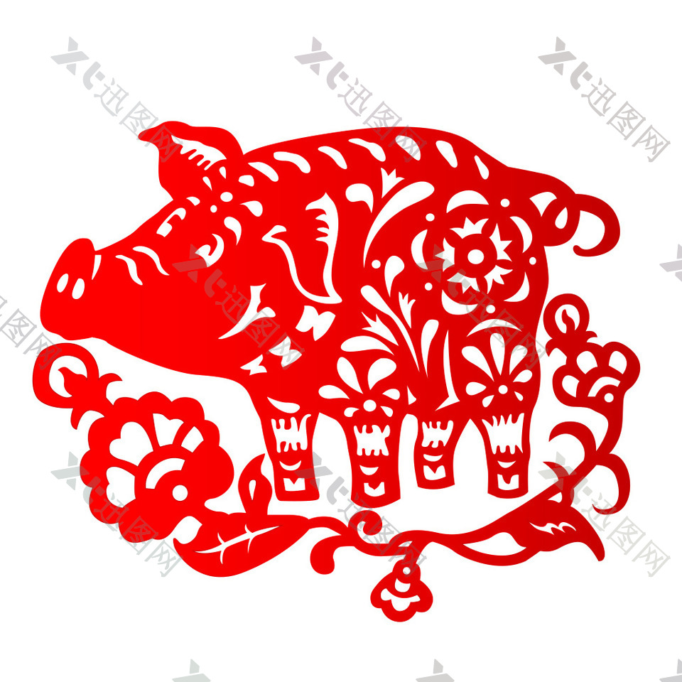猪中国风民族生肖剪纸矢量图