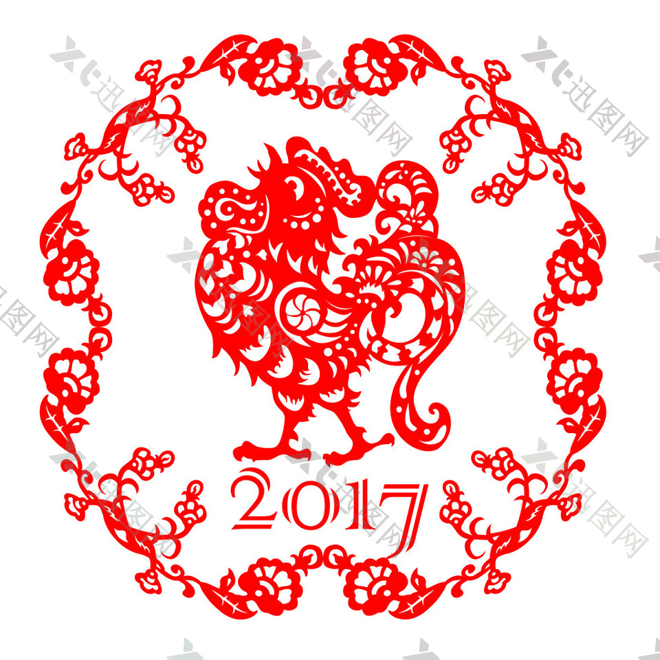 2017鸡年中国风民族生肖剪纸矢量图