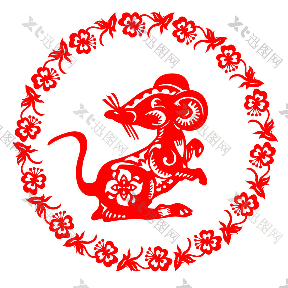 老鼠中国风民族生肖剪纸矢量图