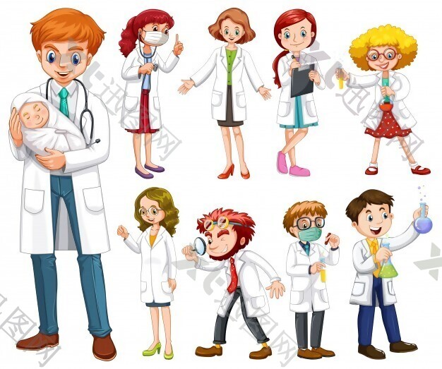 穿着白色长袍插图的医生和科学家