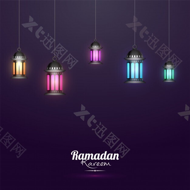 明亮的现实灯笼装饰的背景为伊斯兰神圣的斋戒月，Ramadan Kareem。