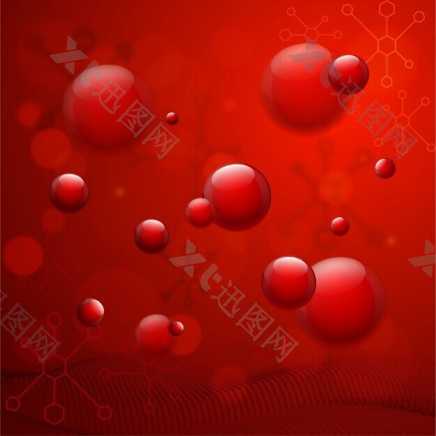 红色背景：有光泽的气泡、分子和DNA结构，用于健康和医疗概念。