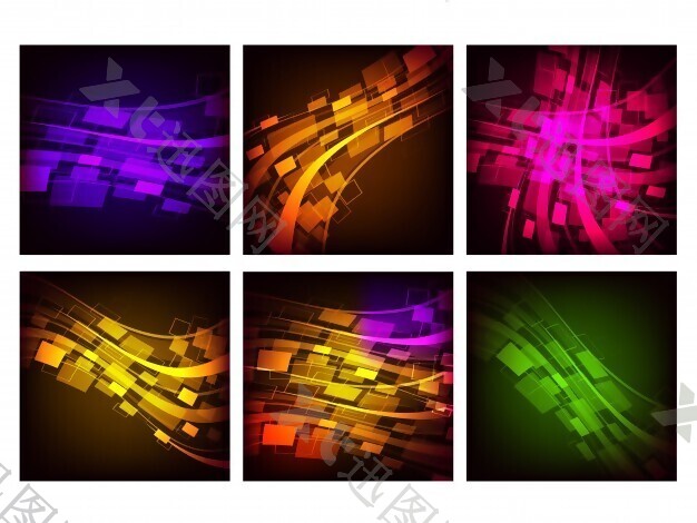 六个抽象效果集，包括紫色几何条纹、圆点和发光波。