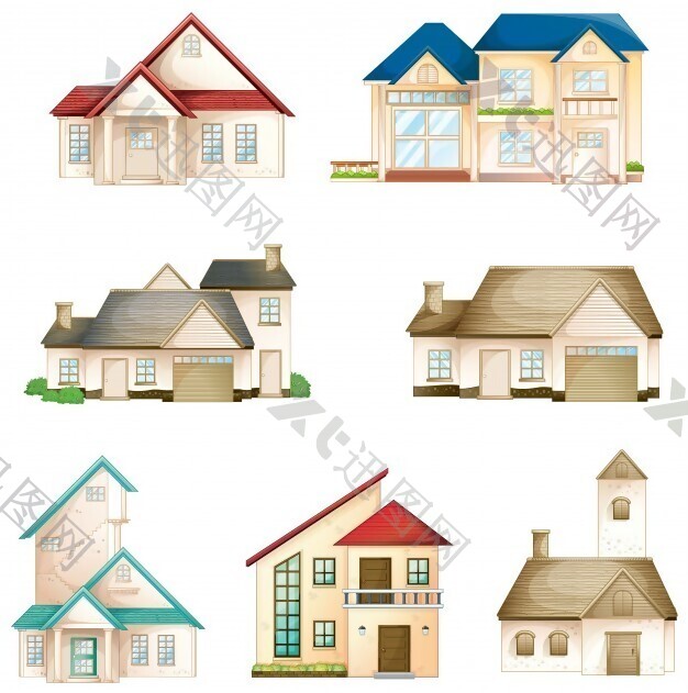 白色背景下的各种房子的插图