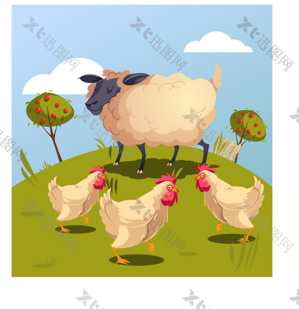 牧场里的羊和鸡