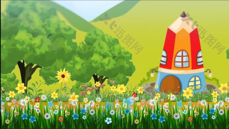 小鸟唱歌铅笔草莓屋童话卡通视频背景素材