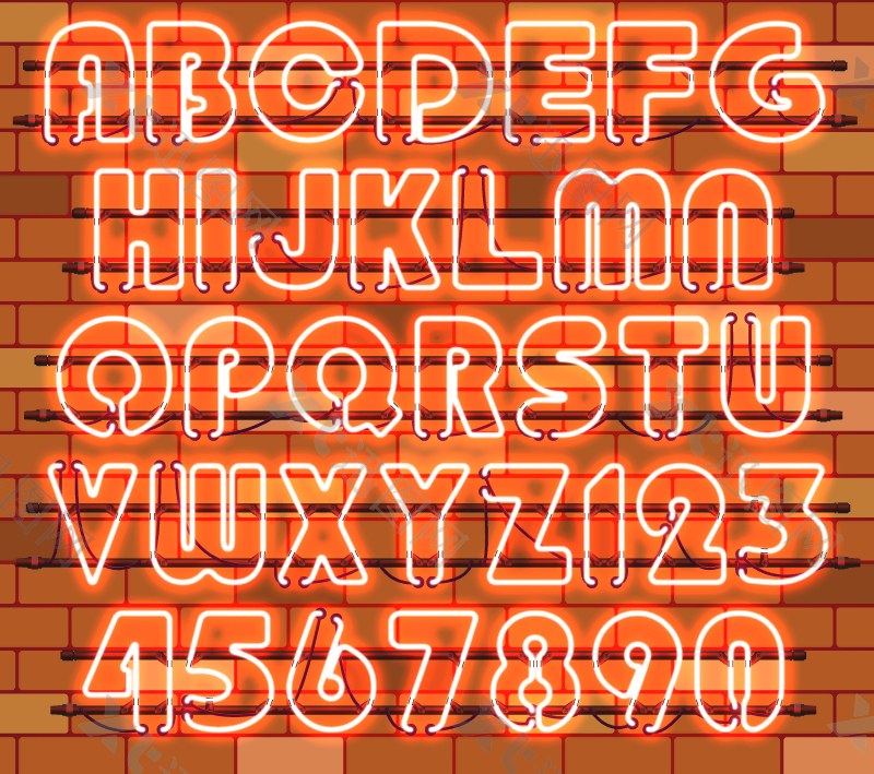 36个橙色霓虹灯字母和数字矢量