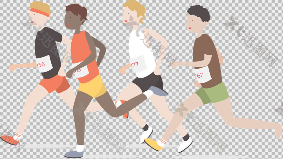 手绘不同人种跑步者免抠png透明图层素材