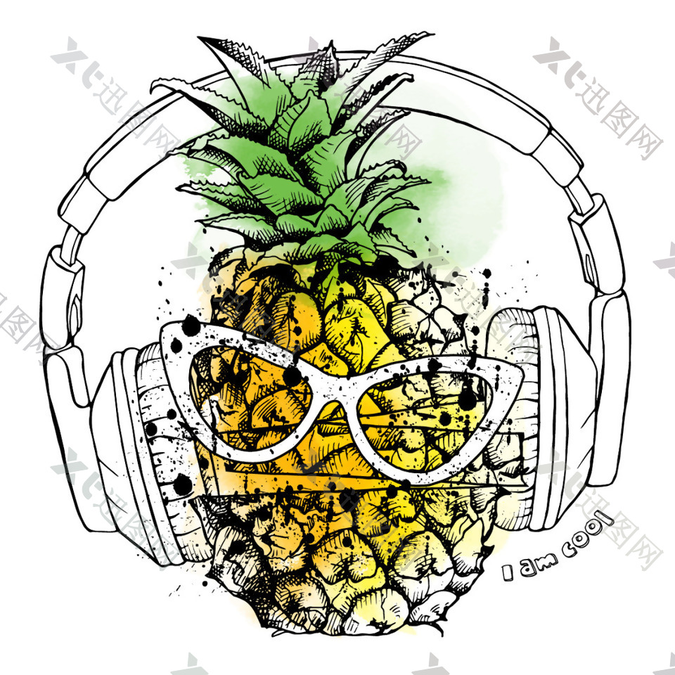 听音乐的菠萝插画