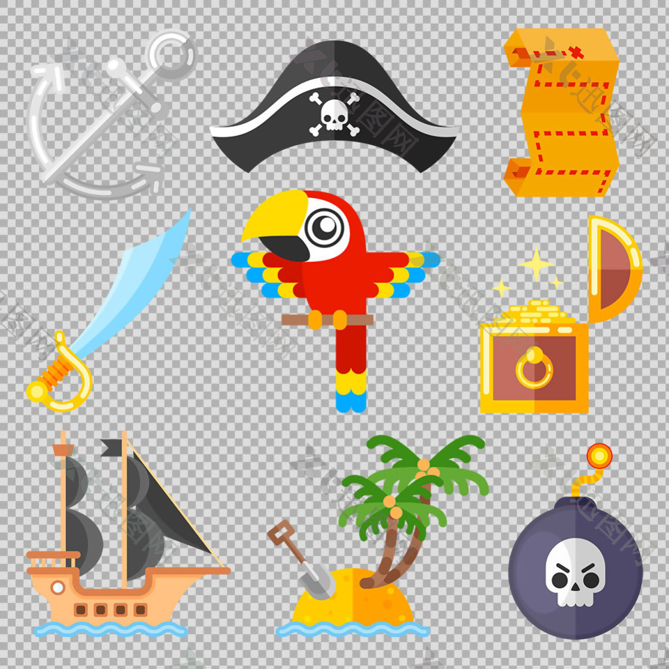 手绘海盗元素图免抠png透明图层素材