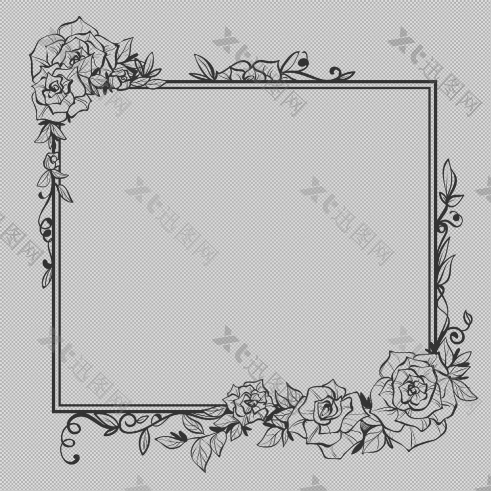 素描风格花卉边框免抠png透明图层素材