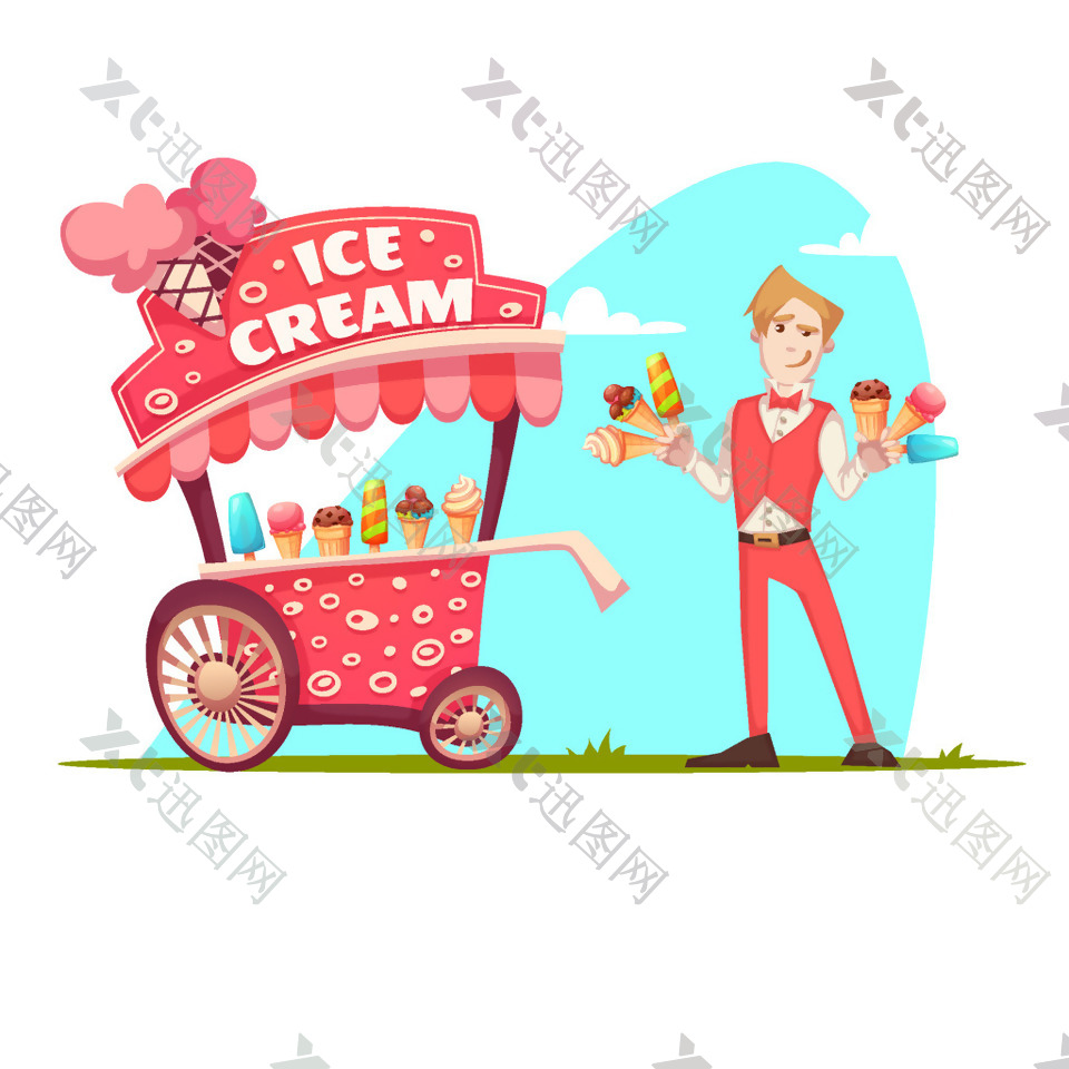 手绘冰淇淋车元素