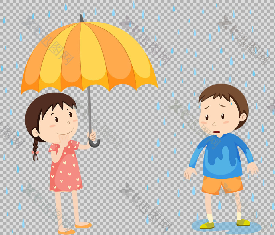打伞淋雨的学生小孩免抠png透明图层素材