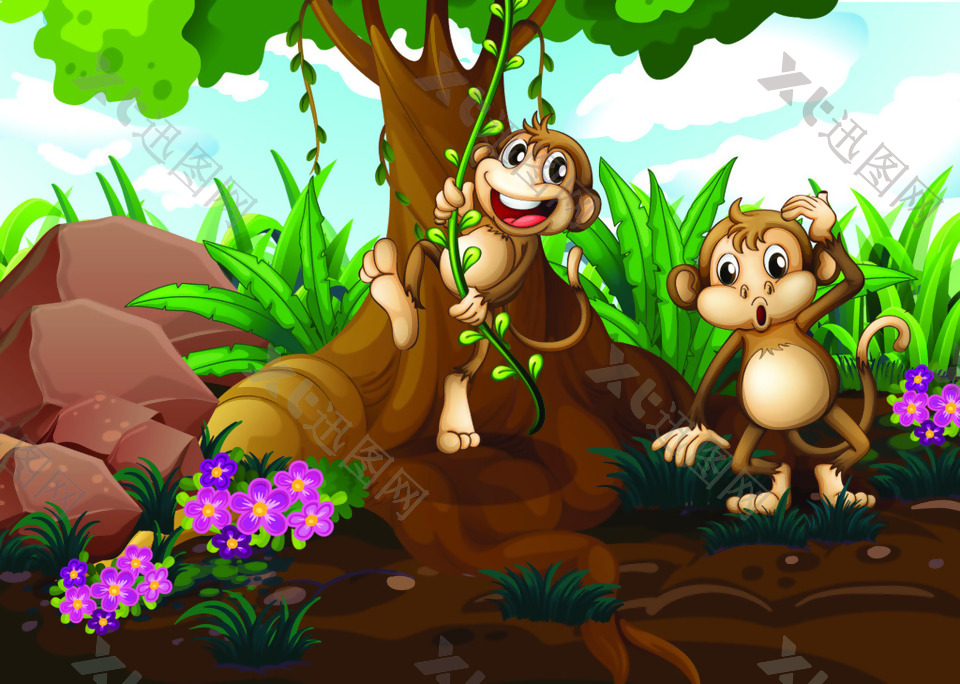 森林里的猴子大树矢量插画素材