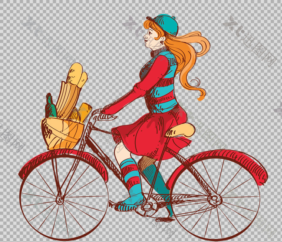 手绘女孩骑自行车插画免抠png透明素材