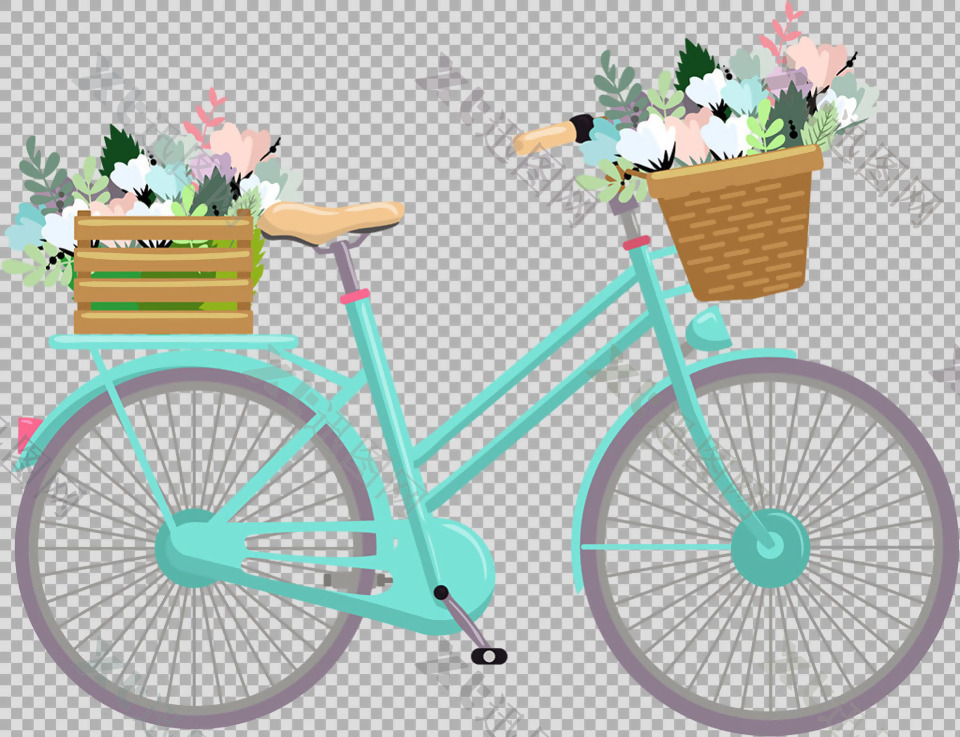 鲜花蓝色自行车插画免抠png透明图层素材