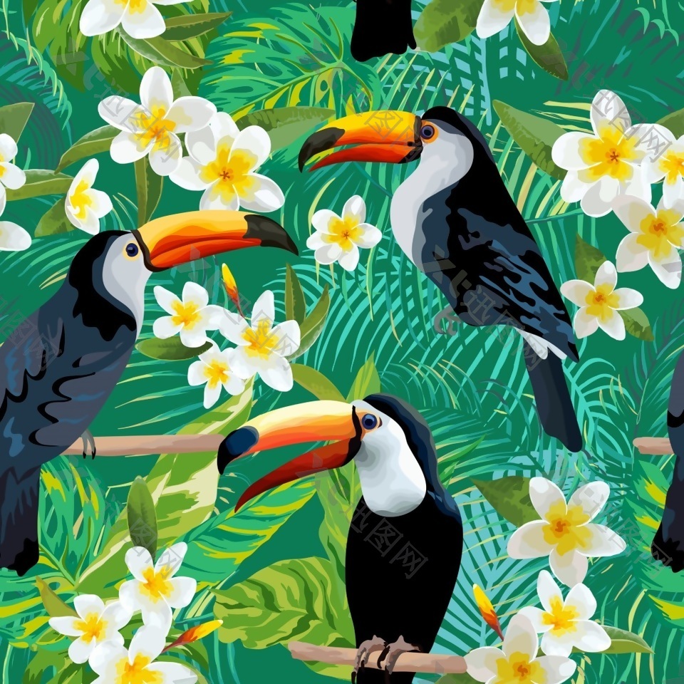 夏日鹦鹉花卉纹理背景矢量素材