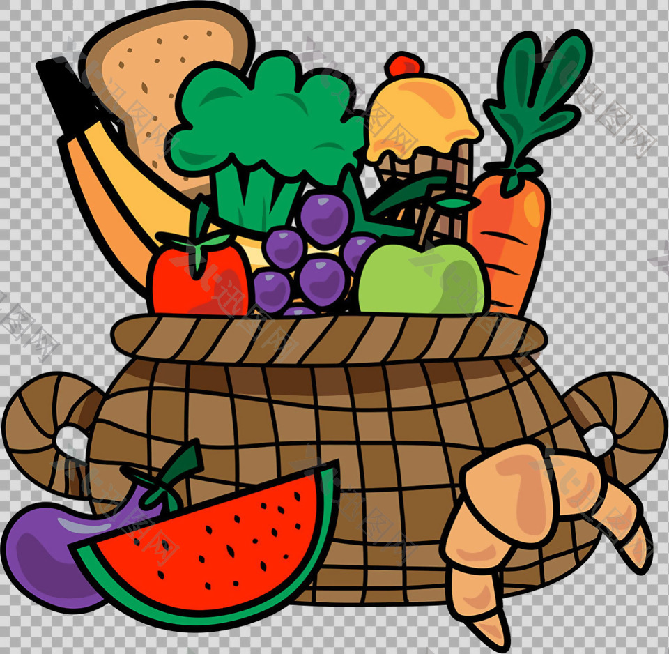 手绘篮子水果蔬菜插图免抠png透明素材