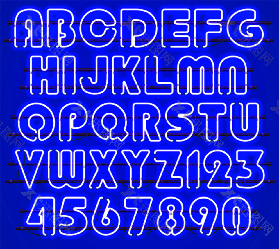 36个蓝色霓虹灯大写字母和数字矢量图