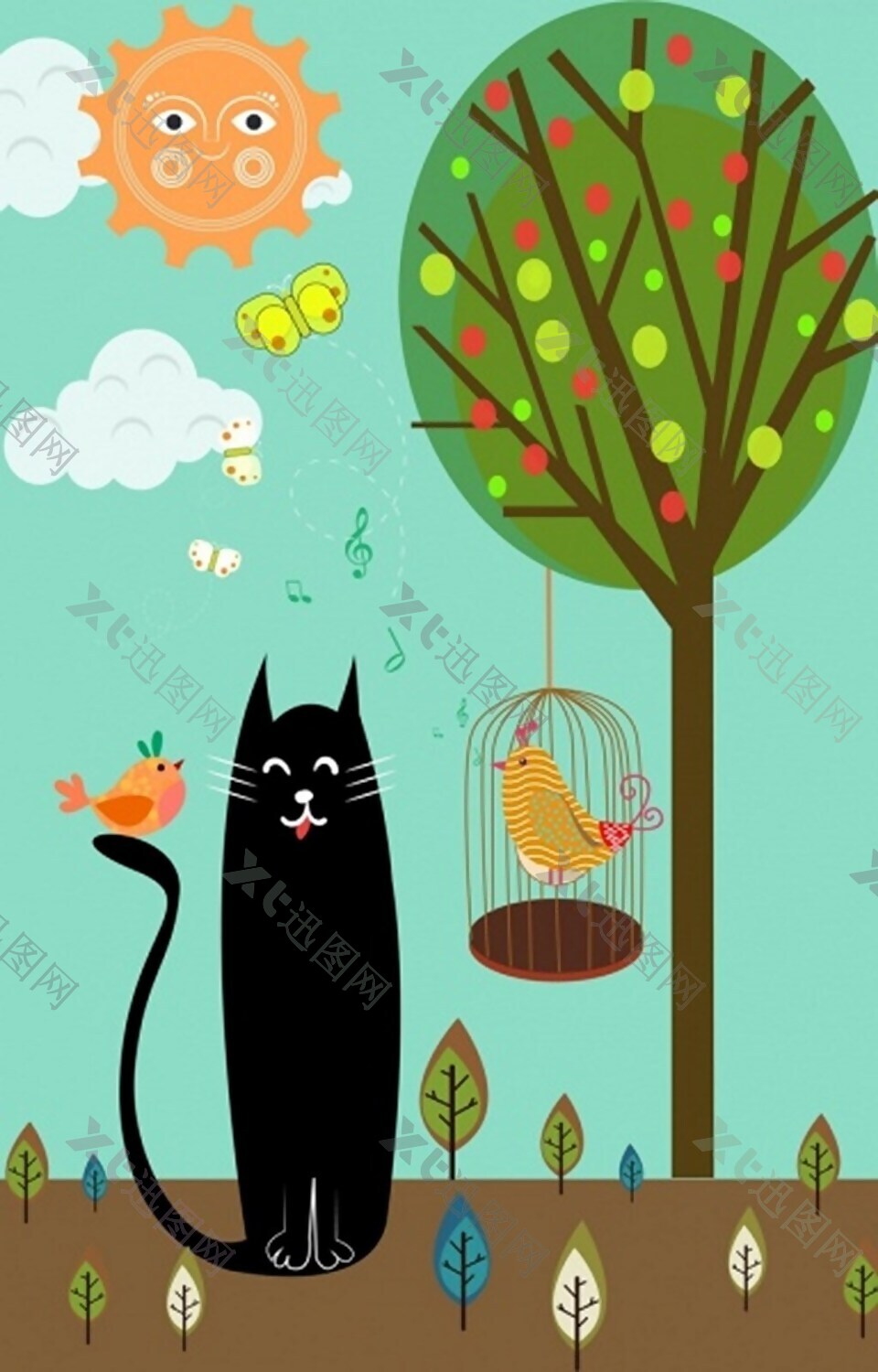 鸟类的猫背景五彩卡通装饰免费矢量