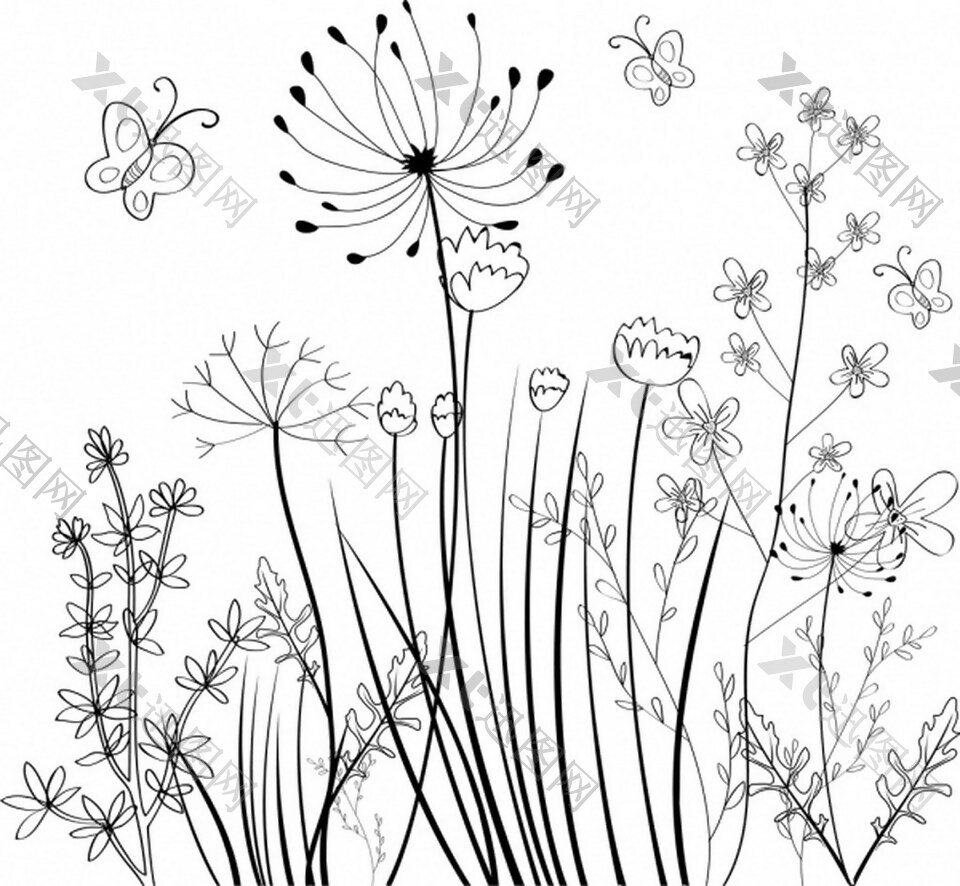 野生花卉场背景黑白素描免费矢量