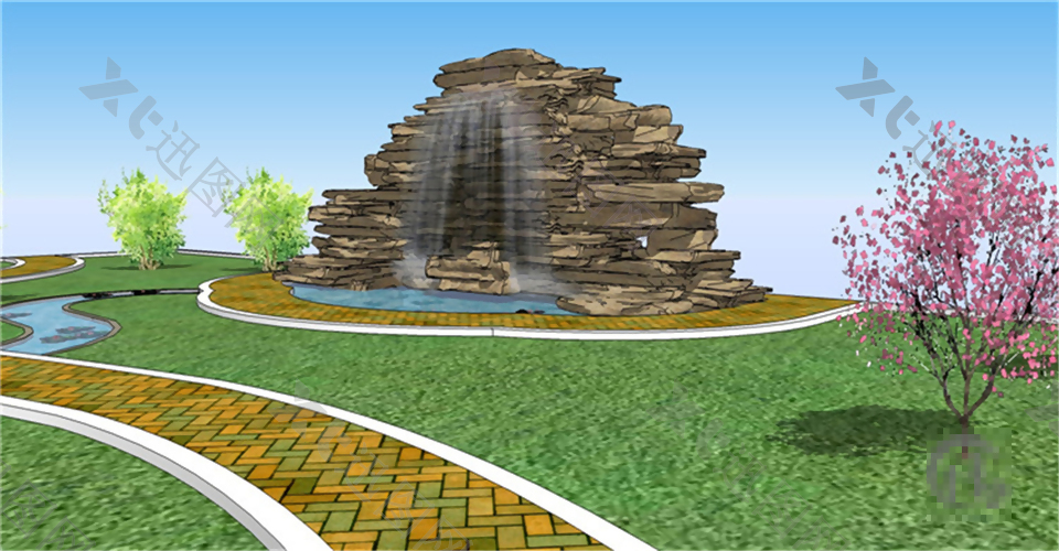 园林场景假山瀑布skp模型