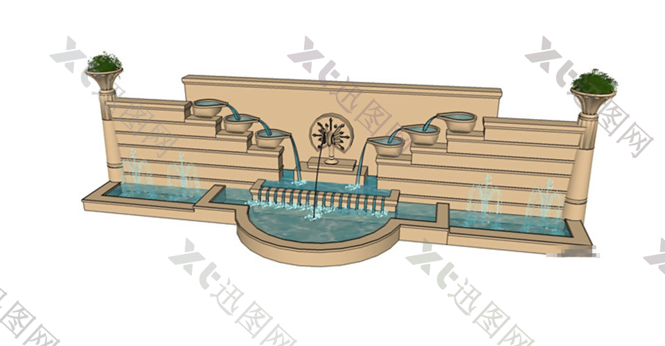 园林欧式喷泉景观墙skp模型