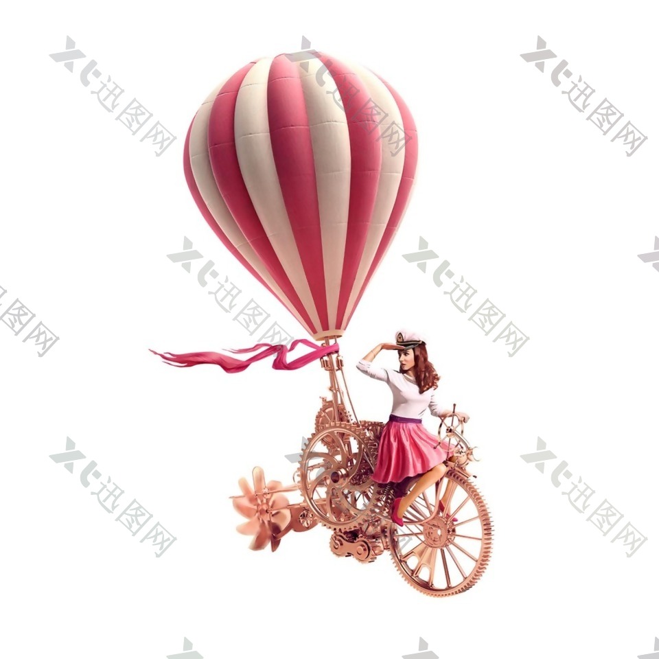 粉色卡通女孩骑单车元素