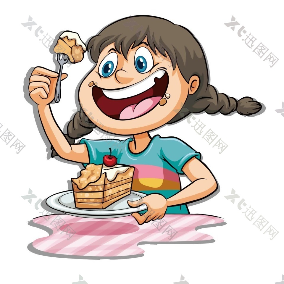 卡通小女孩吃蛋糕png元素