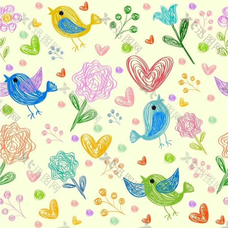 花鸟心背景彩色手绘设计免费矢量