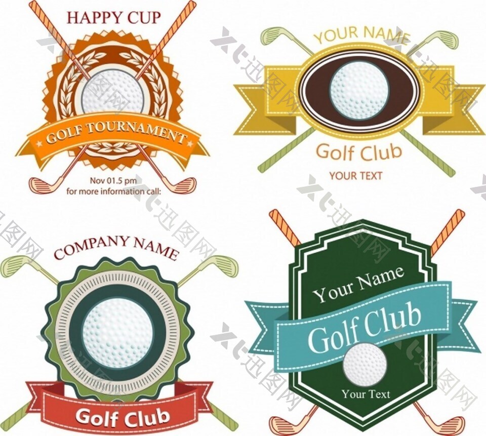高尔夫俱乐部标志各种颜色形状隔离免费矢量