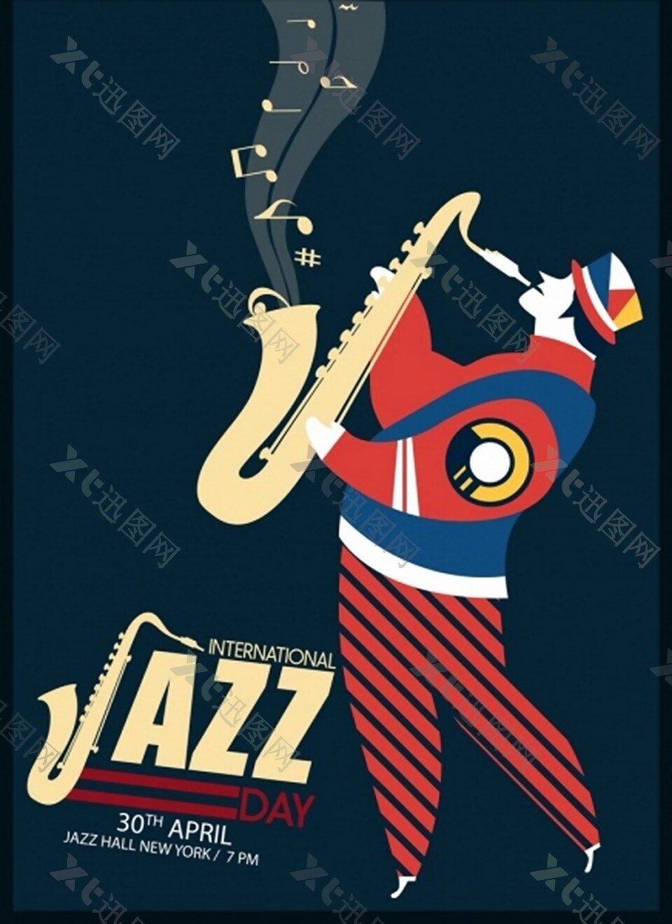 爵士乐招贴多彩扁平化设计人的喇叭图标