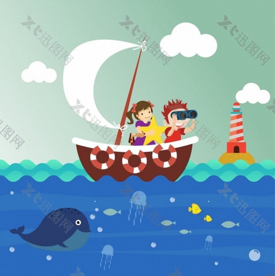孩子背景帆船海洋物种图标动画设计免费矢量