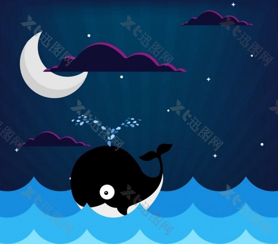 海面背景新月鲸鱼图标彩绘免费矢量