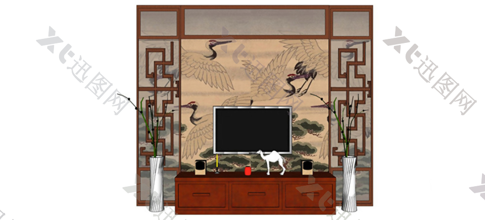 中式电视水墨背景墙skp模型