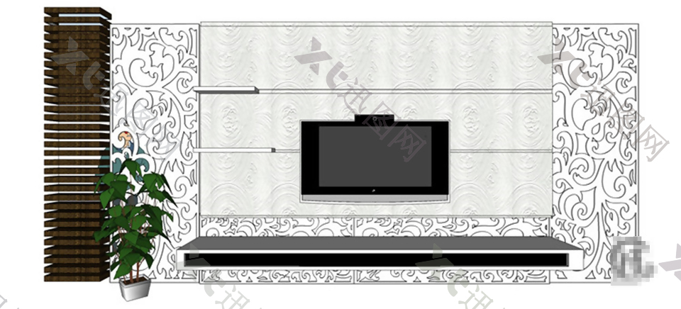 大气欧式花纹电视背景墙 skp模型