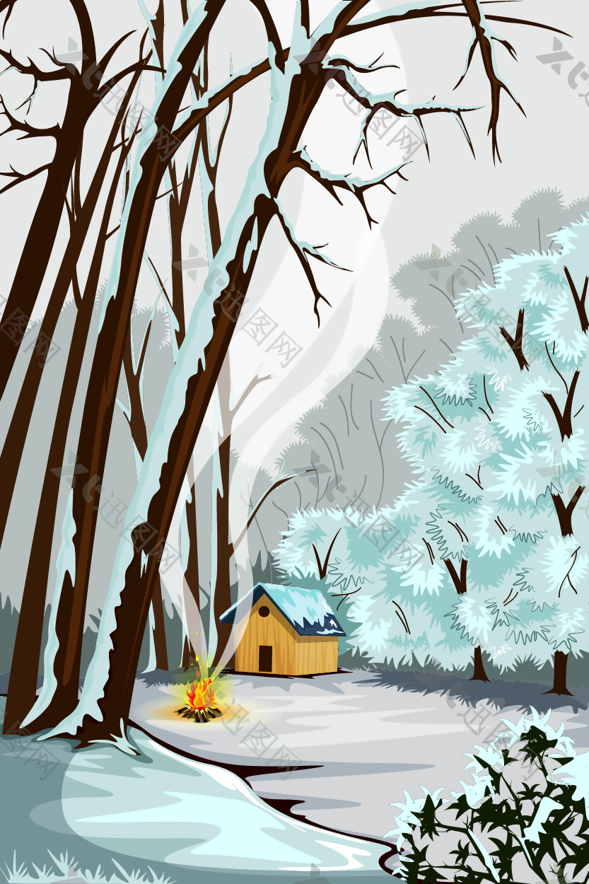 冬天森林里的小屋插画