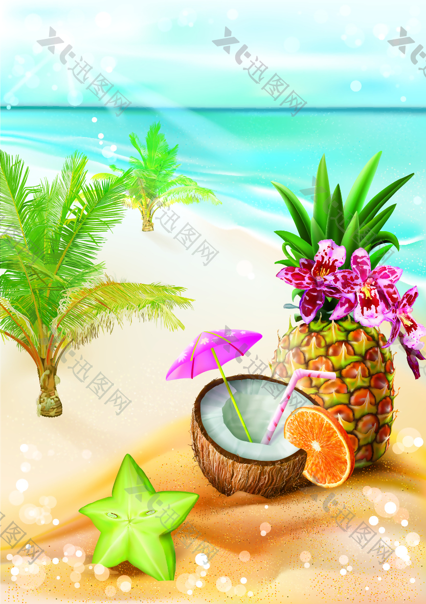 沙滩上的水果插画