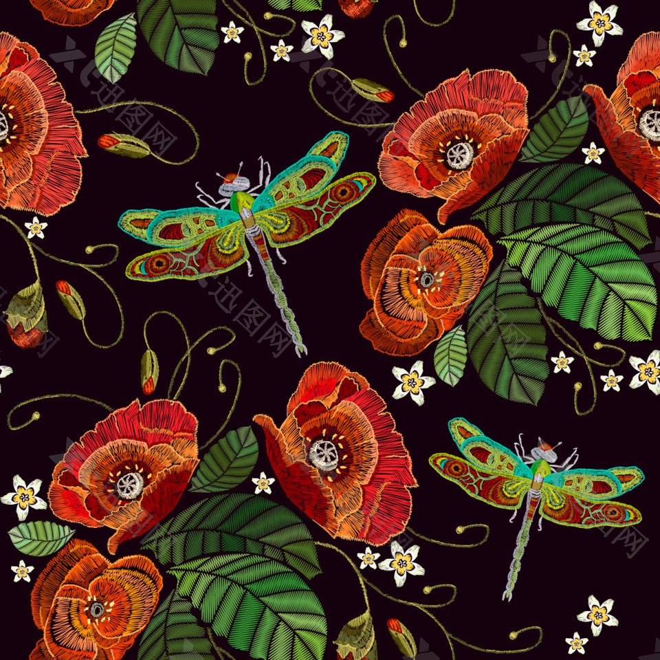 刺绣花朵和蜻蜓背景