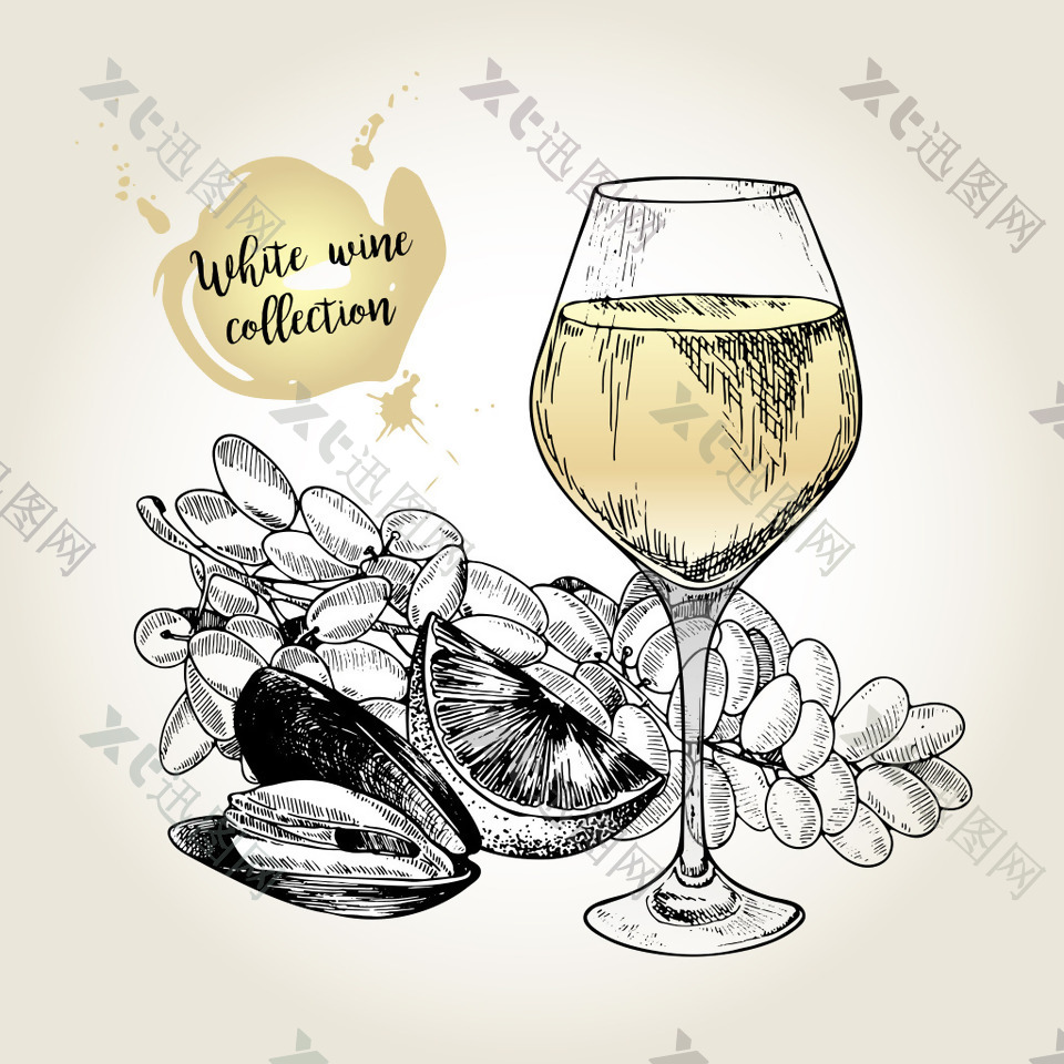 手绘葡萄酒和海鲜插画
