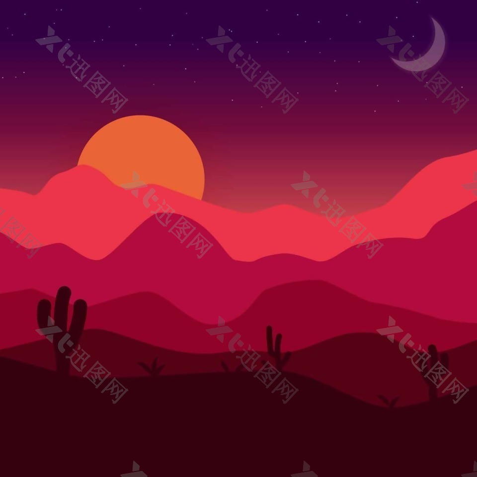 沙漠里的落日风景插画