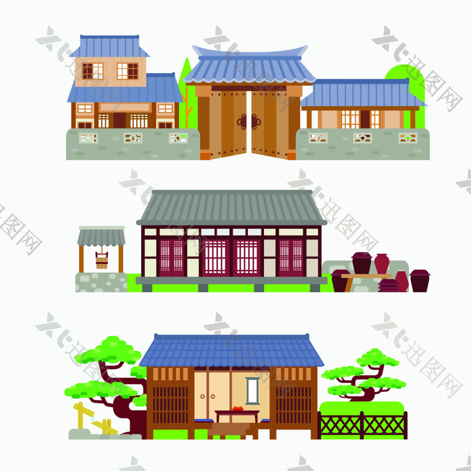 蓝色屋顶房子中国古代建筑房屋矢量素材